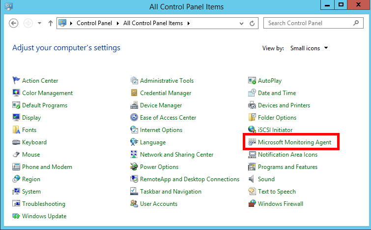 La ventana Panel de control, que muestra Microsoft Monitoring Agent en la lista de configuración.