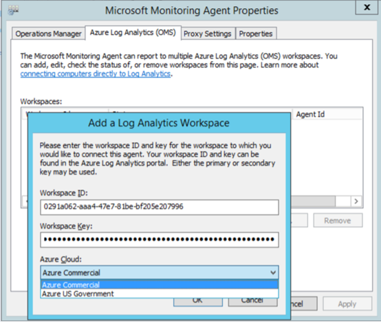 El menú desplegable Agregar un área de trabajo de Log Analytics que muestra el elemento Azure Commercial seleccionado.