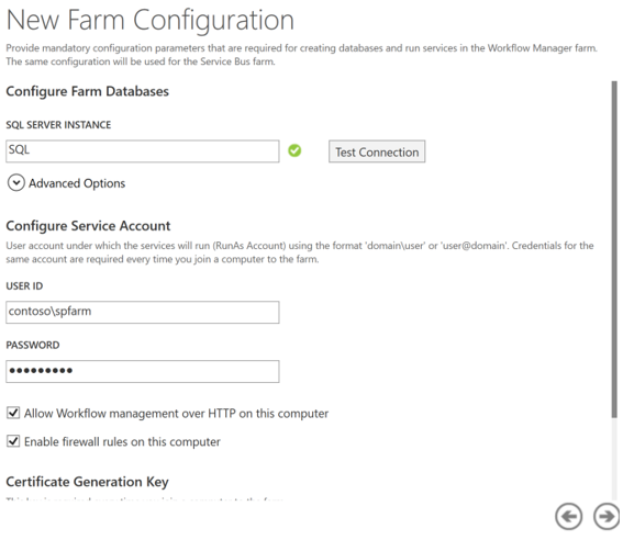 Captura de pantalla que muestra las opciones de configuración en el Asistente para configuración del Administrador de flujos de trabajo de SharePoint.