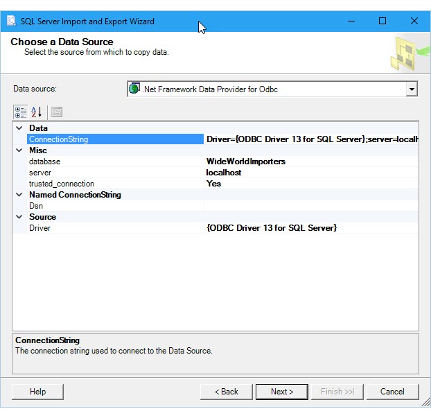 Captura de pantalla del menú Elegir un origen de datos del Asistente para importación y exportación de SQL Server.