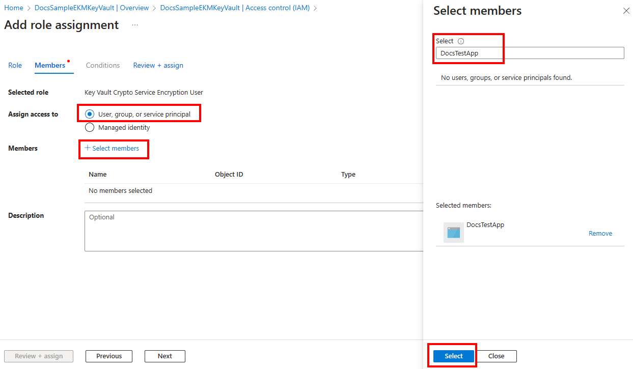 Captura de pantalla del panel Seleccionar miembros para agregar una asignación de roles en Azure Portal.