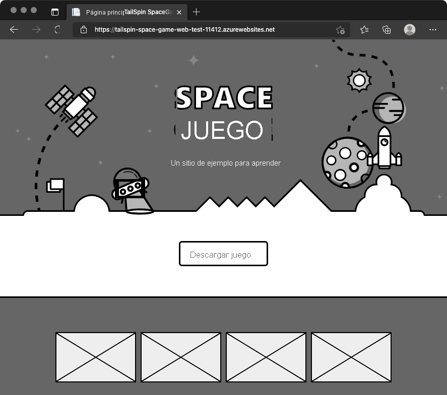 A screenshot of a web browser showing the Space Game website in the Test environment.