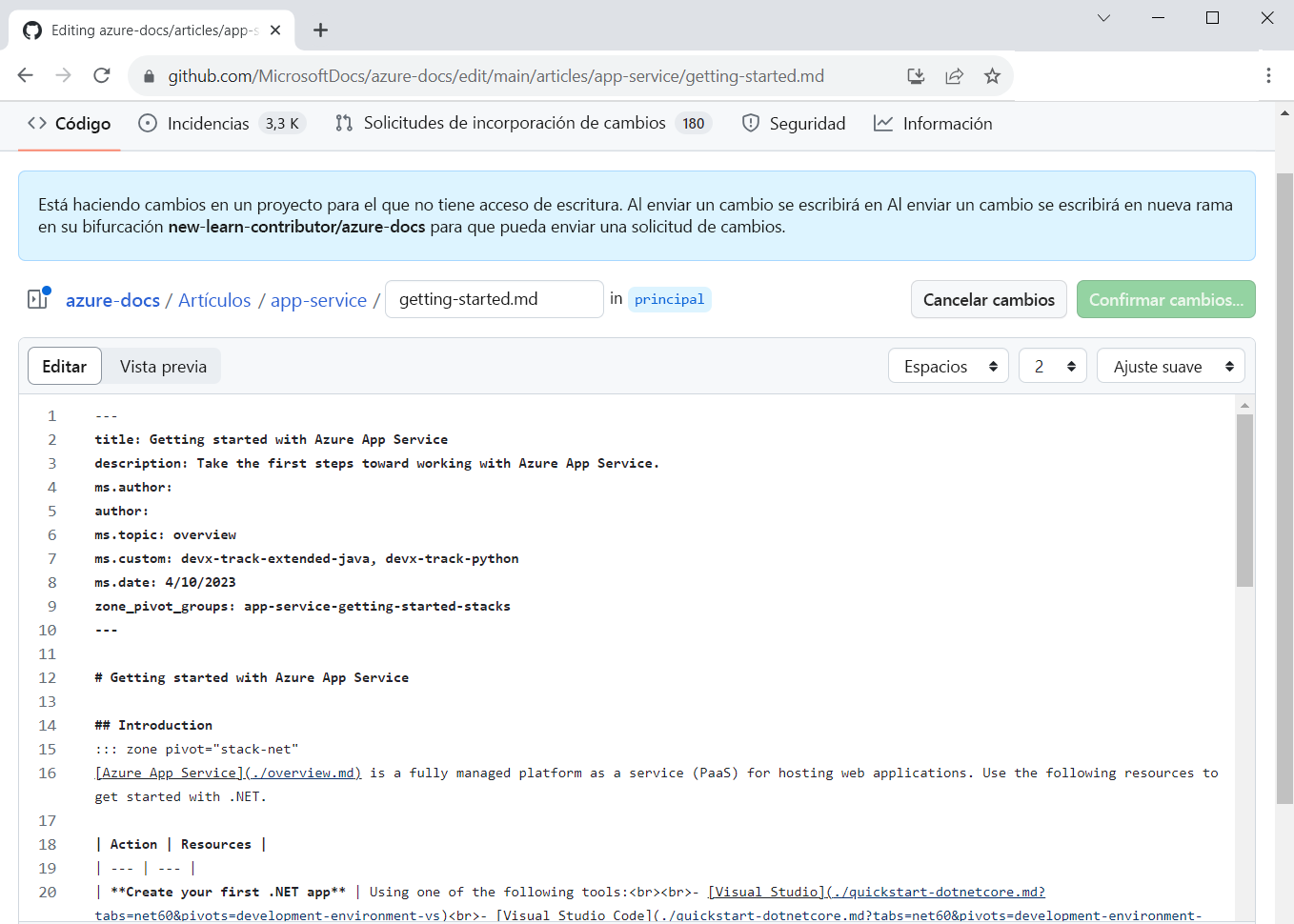 Screenshot of a browser with a documentation article written in Markdown syntax, which can be edited in the Edit pane.