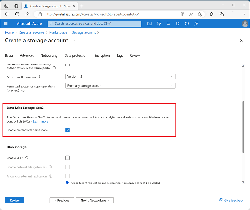 Screenshot of Advanced Settings for Creating Storage Account.