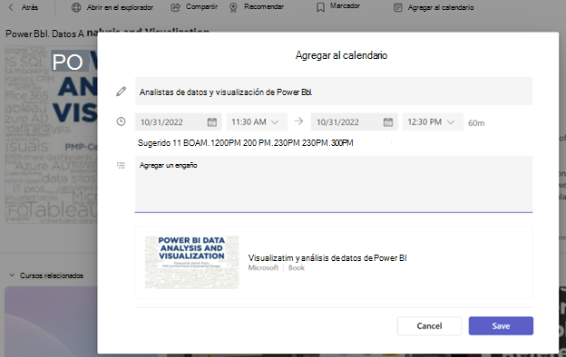 Captura de pantalla de la adición de un contenido de aprendizaje al calendario.