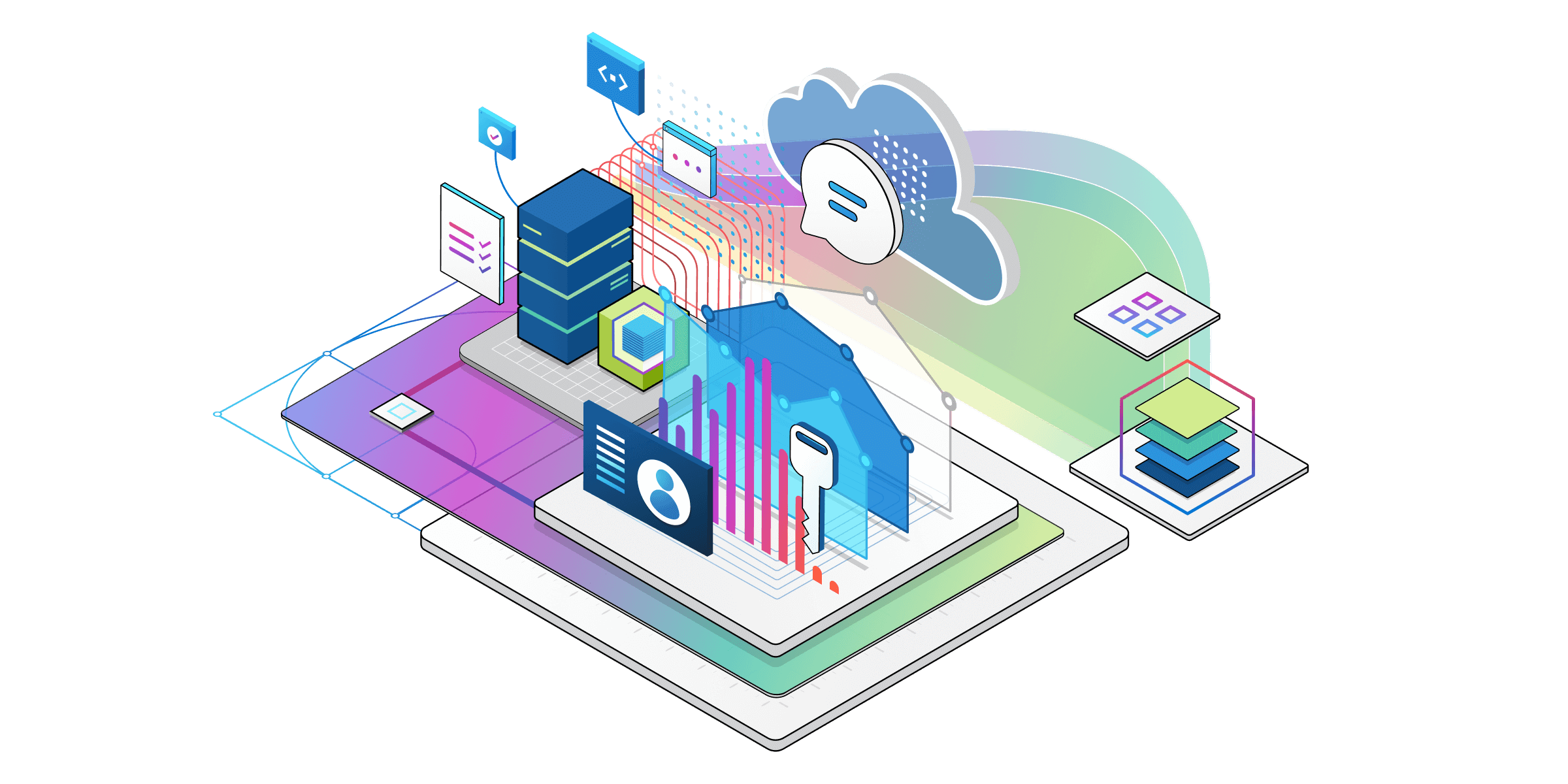 Ilustración isométrica de componentes técnicos para servicios de Azure. Ventanas de nube, servidores, claves y explorador.