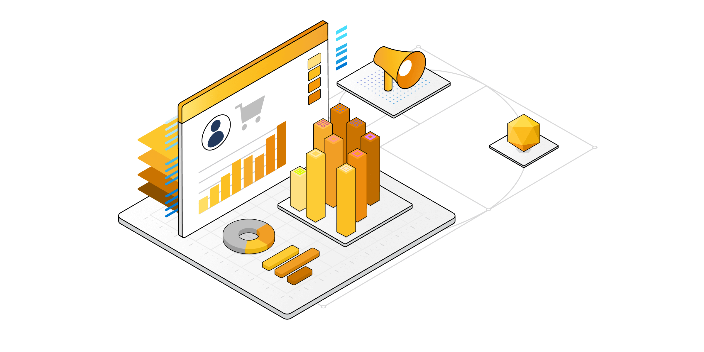 Ilustración isométrica de componentes técnicos para servicios de Commerce.