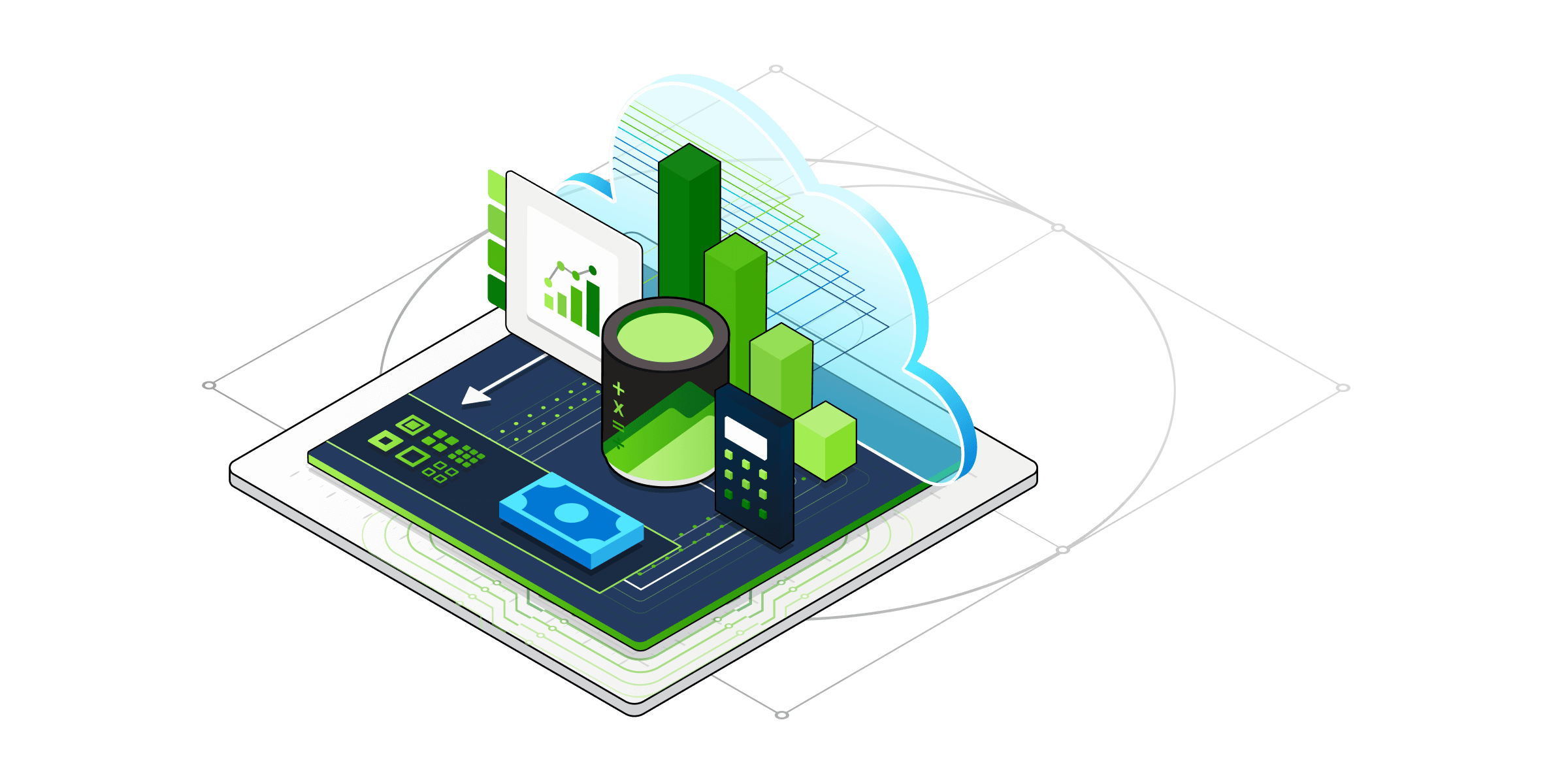 Ilustración isométrica de componentes técnicos para servicios financieros.