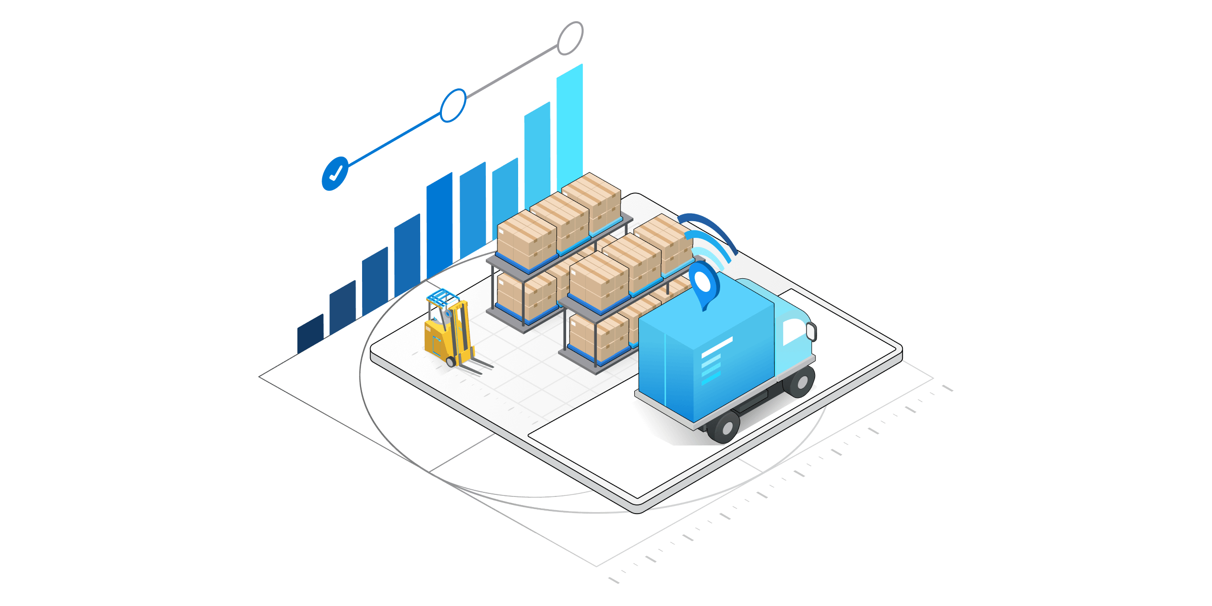 Ilustración isométrica de componentes técnicos para servicios de SCM.