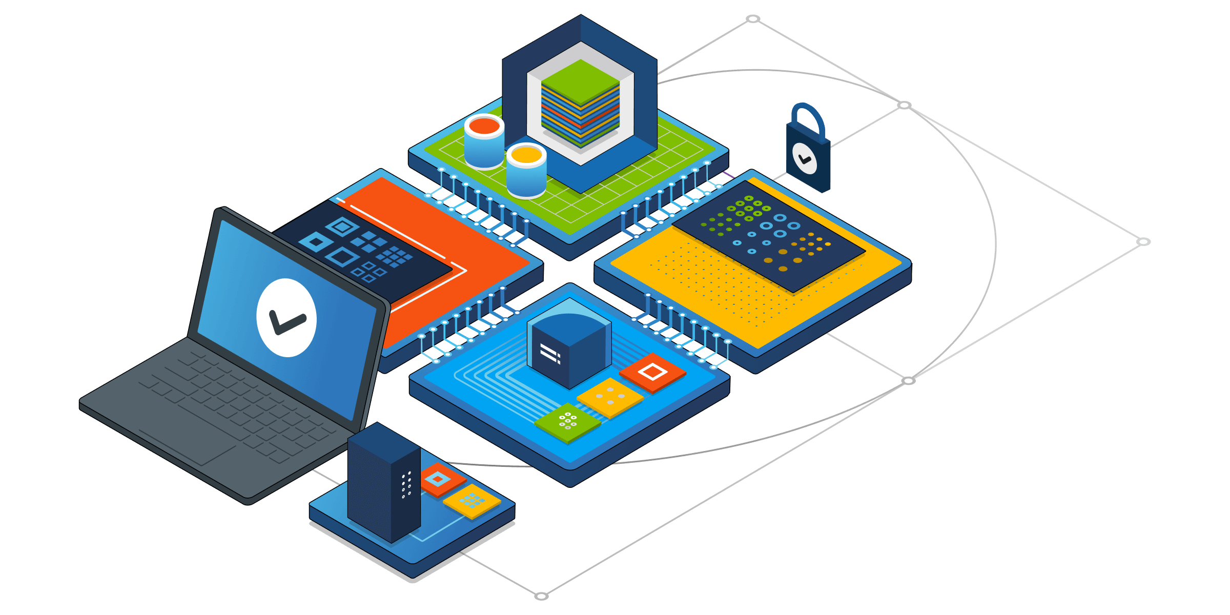 Ilustración isométrica de componentes técnicos para servicios de Microsoft 365.