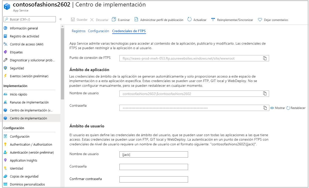 Screenshot of the App Service Deployment Center pane showing FTPS credentials tab.