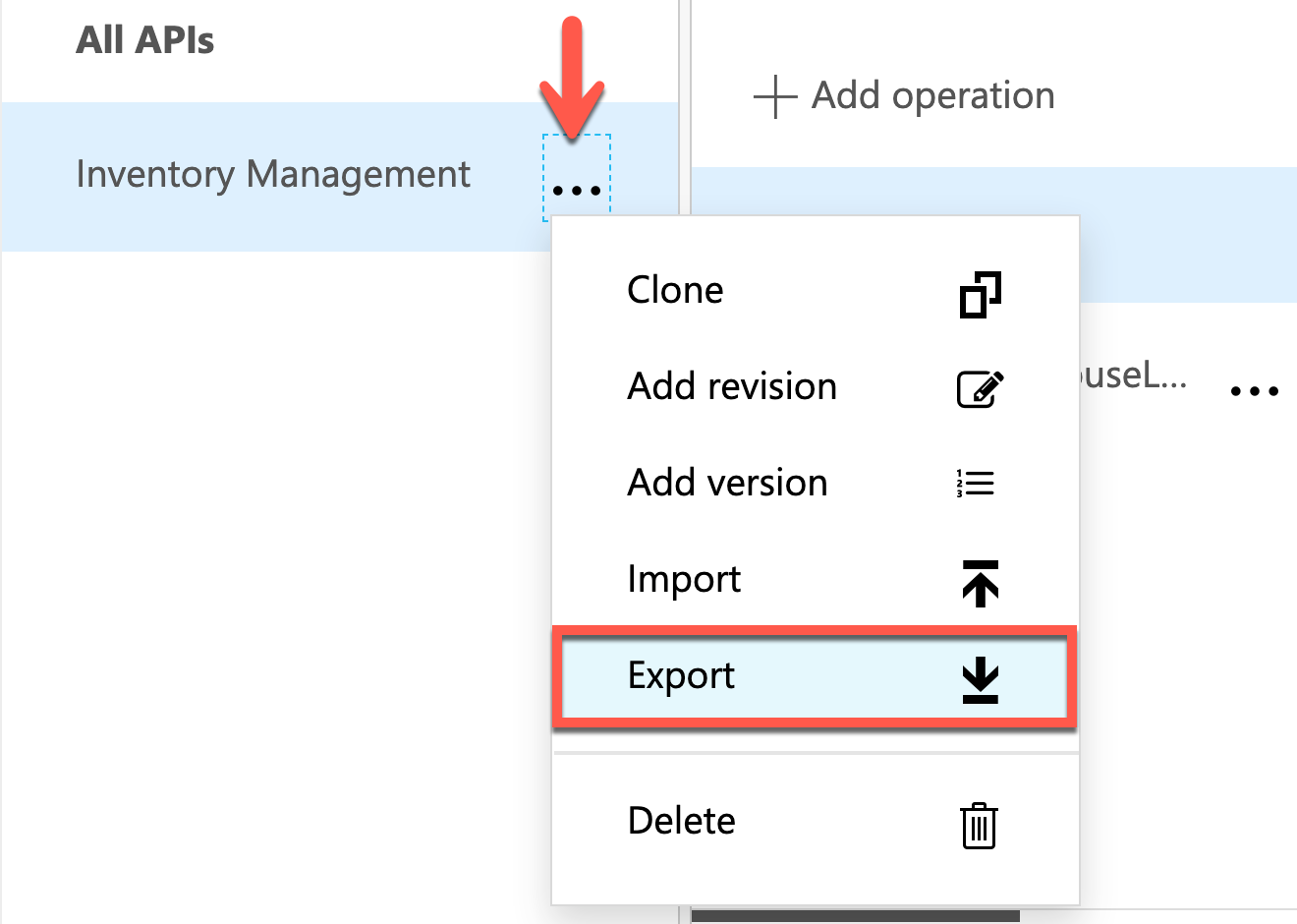 Menú de exportación de API en API Management