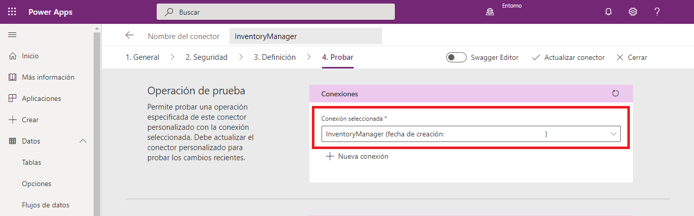 Conector personalizado Pestaña Prueba