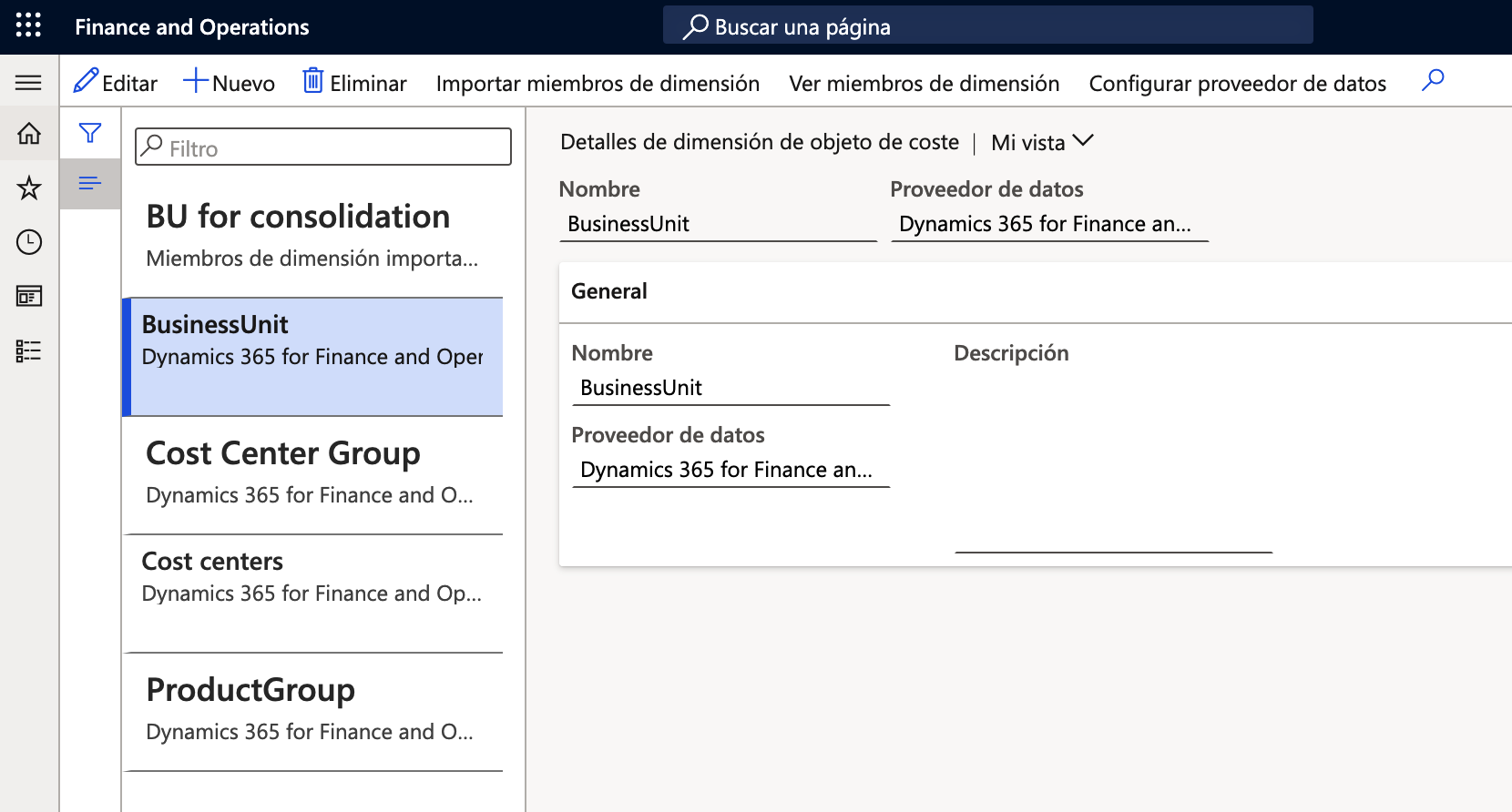 Captura de pantalla de la página de detalles de Dimensión de objeto de coste