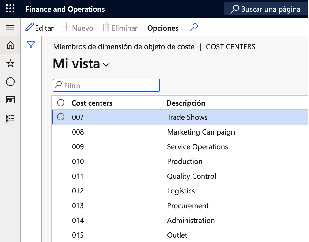 Captura de pantalla de la página de miembros de Dimensión de objeto de coste