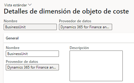 Captura de pantalla de la página de detalles Dimensiones de objeto de coste con la vista Estándar