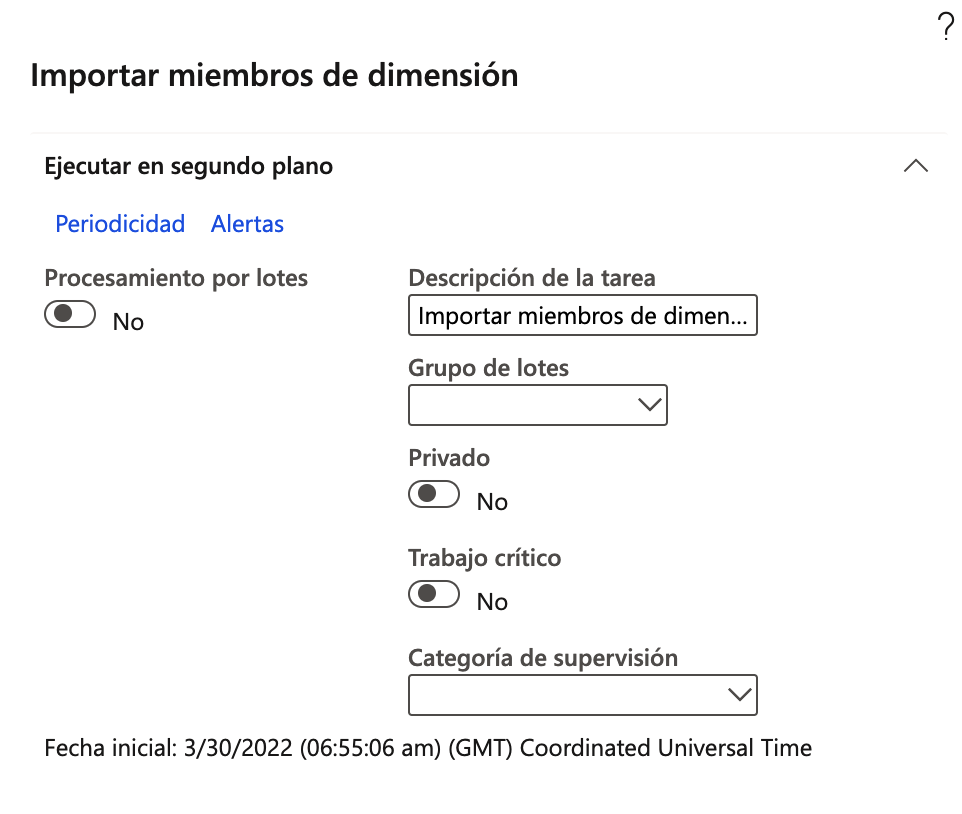 Captura de pantalla de la página Importar miembros de dimensión