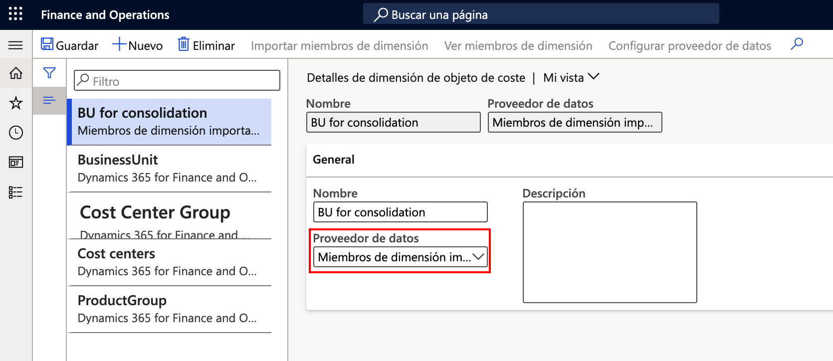 Captura de pantalla de la página de detalles de Dimensión del objeto de coste que muestra la opción Miembros de dimensión importados