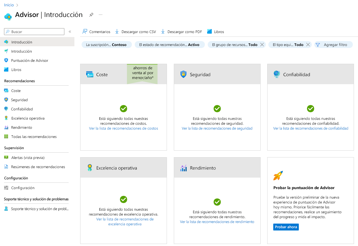 Captura de pantalla de la página de información general de Azure Advisor en Azure Portal.