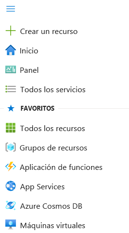 Captura de pantalla del menú del portal y Favoritos en Azure Portal.