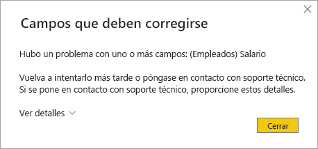 Captura de pantalla que muestra un mensaje de error de Power BI Desktop cuando un objeto visual de informe intenta consultar una columna restringida.