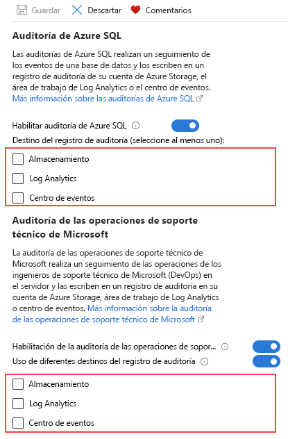 Screenshot of the Auditing page of a SQL server.