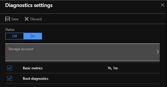 Captura de pantalla de la página Configuración de diagnóstico en Azure Portal. La opción Diagnóstico de arranque está habilitada.