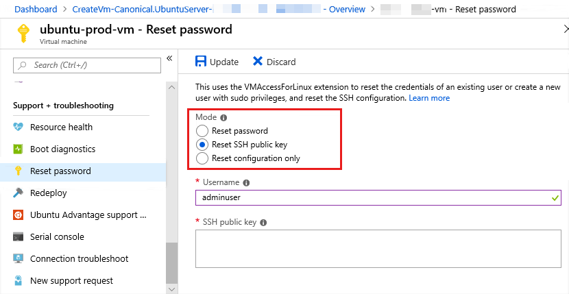 Captura de pantalla para restablecer la configuración o las credenciales de S S H en Azure Portal.