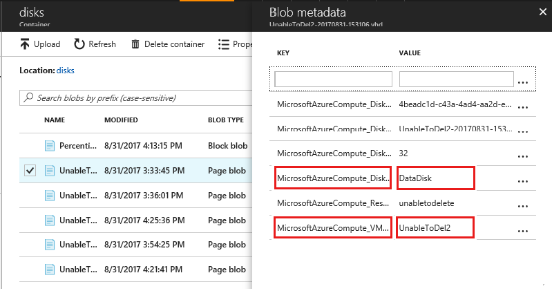 Captura de pantalla del portal con el panel Metadatos de blobs de almacenamiento abierto.