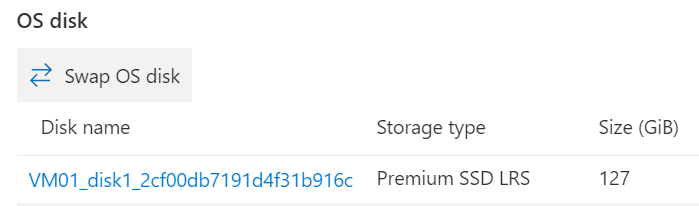 Captura de pantalla de la hoja discos de Azure Portal con la opción intercambiar disco del sistema operativo resaltada.