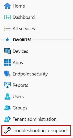 En el Centro de administración de Endpoint Management y Intune, vaya a Solución de problemas y soporte técnico.