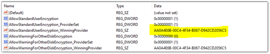 Ubicación del Registro de BitLocker en el Editor del Registro.