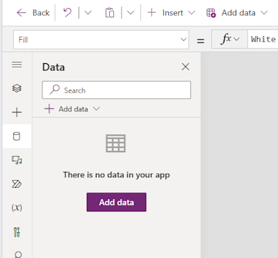 Captura de pantalla que muestra el panel Datos en Power Apps Studio. El panel está vacío si no se usan orígenes de datos en la aplicación.