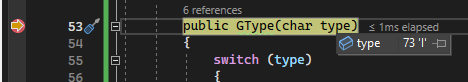 Screenshot of the Visual Studio Debugger with a line of code in yellow and a window with the type variable value of 73 I.