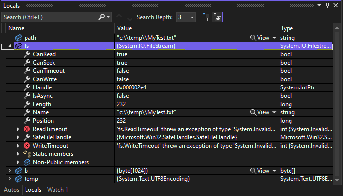 Captura de pantalla de la ventana Variables locales con 