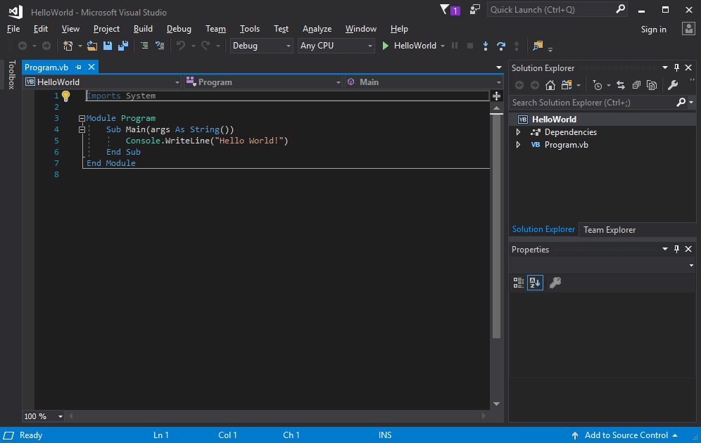 Captura de pantalla que muestra el IDE de Visual Studio.