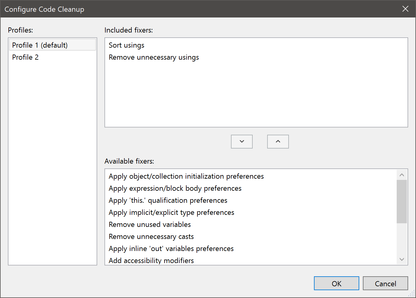 Cuadro de diálogo de configuración de limpieza de código