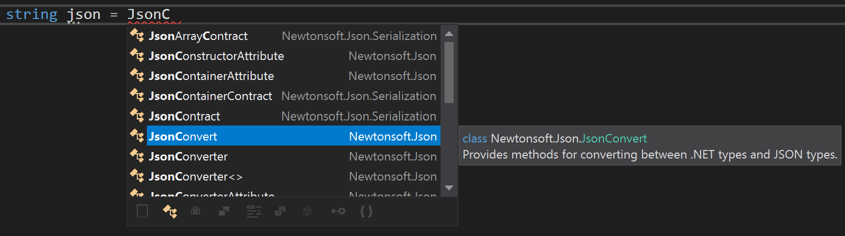 Finalización de código de IntelliSense para tipos no importados