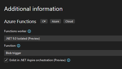 Adición de .NET Aspire tras la creación de una nueva función