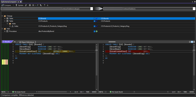 Comparación de esquemas en SQL Server Data Tools de estilo SDK