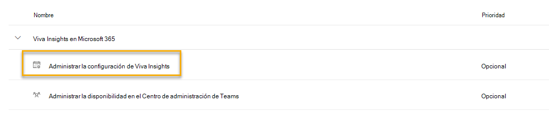 Captura de pantalla que muestra Administrar la configuración de Viva Insights en la página de administración de Viva Insights.