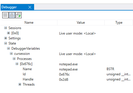 Captura de pantalla de la ventana del modelo de datos en el depurador de WinDbg con características expandibles y explorables.