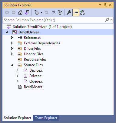 Captura de pantalla del explorador de soluciones que muestra los archivos en el proyecto de controlador.