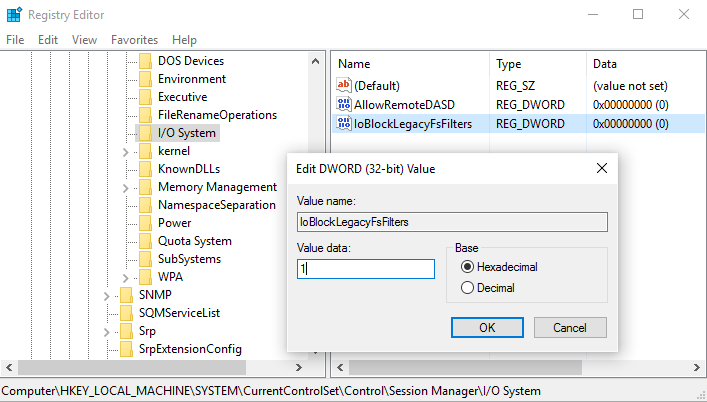 Imagen que muestra cómo editar la clave del registro ioblocklegacyfsfilters.