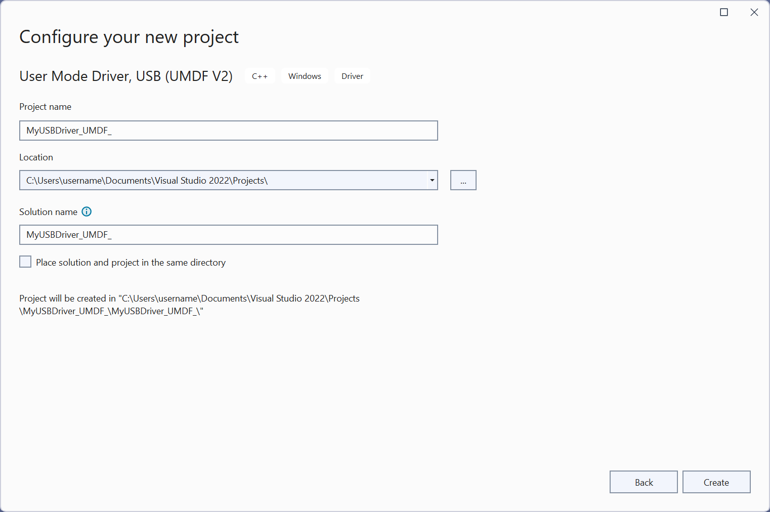 Captura de pantalla de la pantalla de configuración de creación de proyectos de Visual Studio.