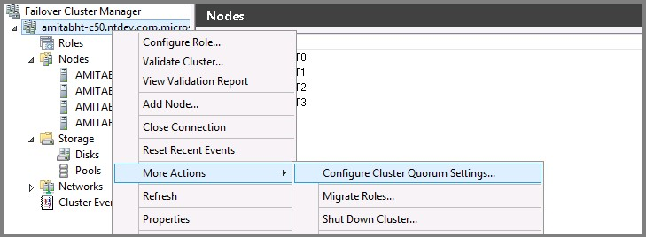 Captura de pantalla del menú desplegable de la interfaz de usuario del Administrador de clústeres de conmutación por error que le lleva a Configurar la configuración del cuórum de clúster.