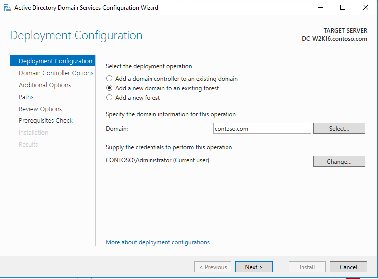 Captura de pantalla de la página Configuración de implementación del Asistente para configuración de Active Directory Domain Services que muestra la opción Agregar un nuevo dominio a un bosque existente seleccionada.