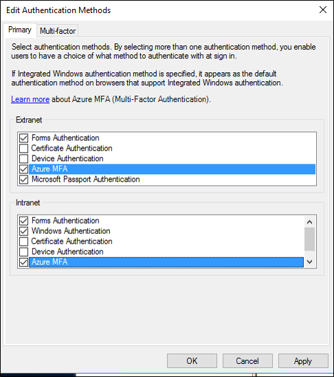 Captura de pantalla del cuadro de diálogo Editar métodos de autenticación que muestra la opción de autenticación multifactor de Microsoft Entra resaltada en las secciones Extranet e Intranet.