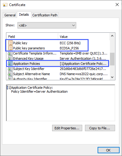 Configuración del certificado en la pestaña Detalles que muestra el valor de clave pública de ECC (256 bits), parámetros de clave pública ECDSA-P256 y directiva de certificado de aplicación 1 de directivas de aplicación 