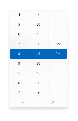 Selector de hora que muestra incrementos de 15 minutos.